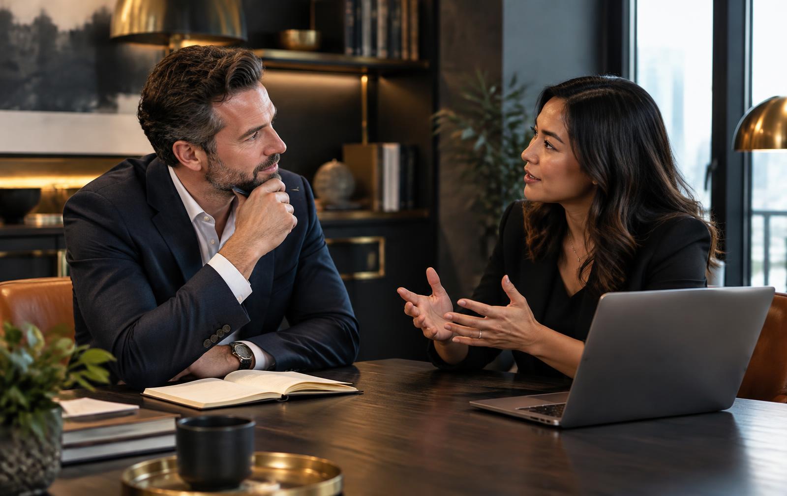 Business partners in a focused strategy conversation