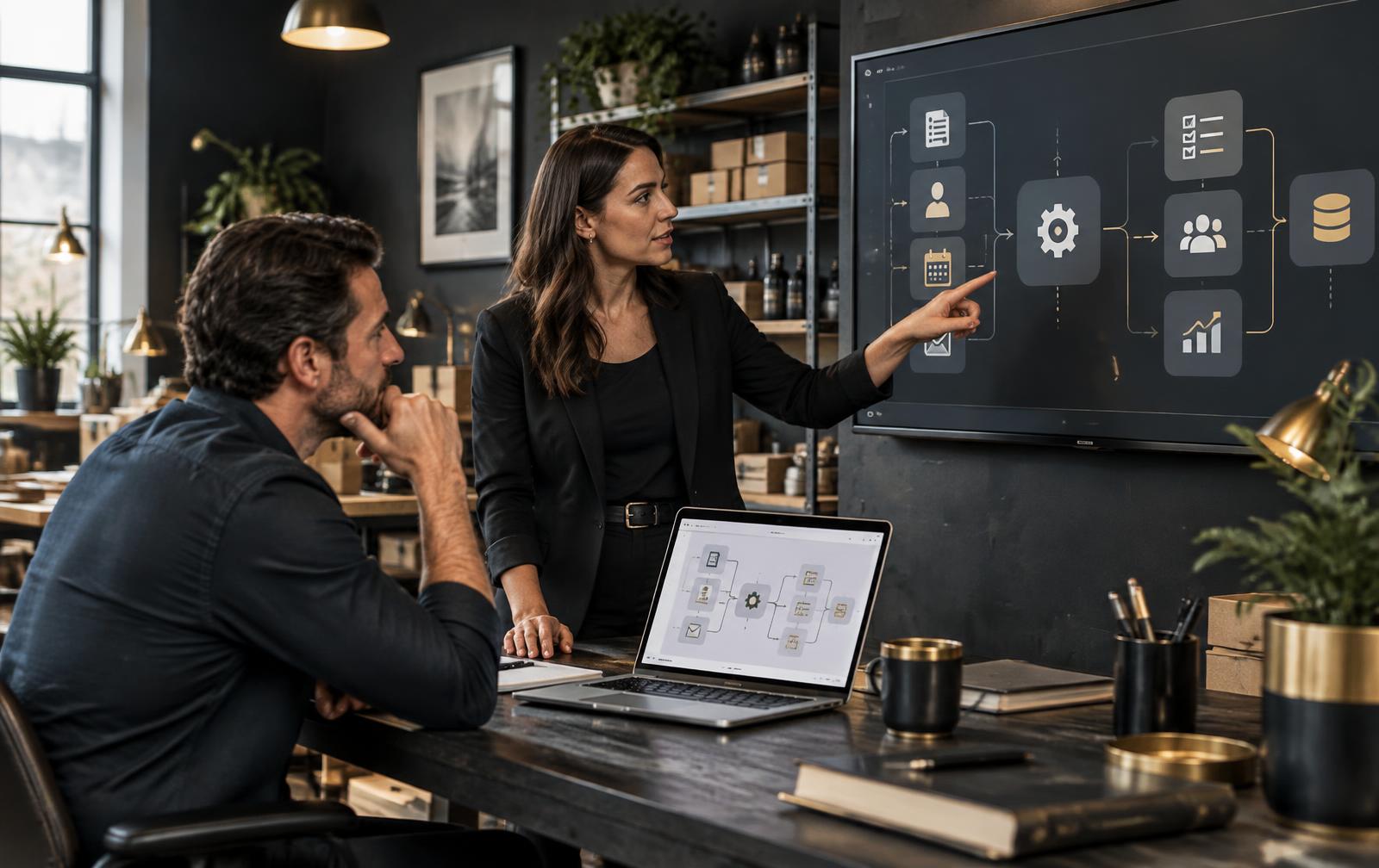 Business leaders mapping a connected automation workflow in a working studio