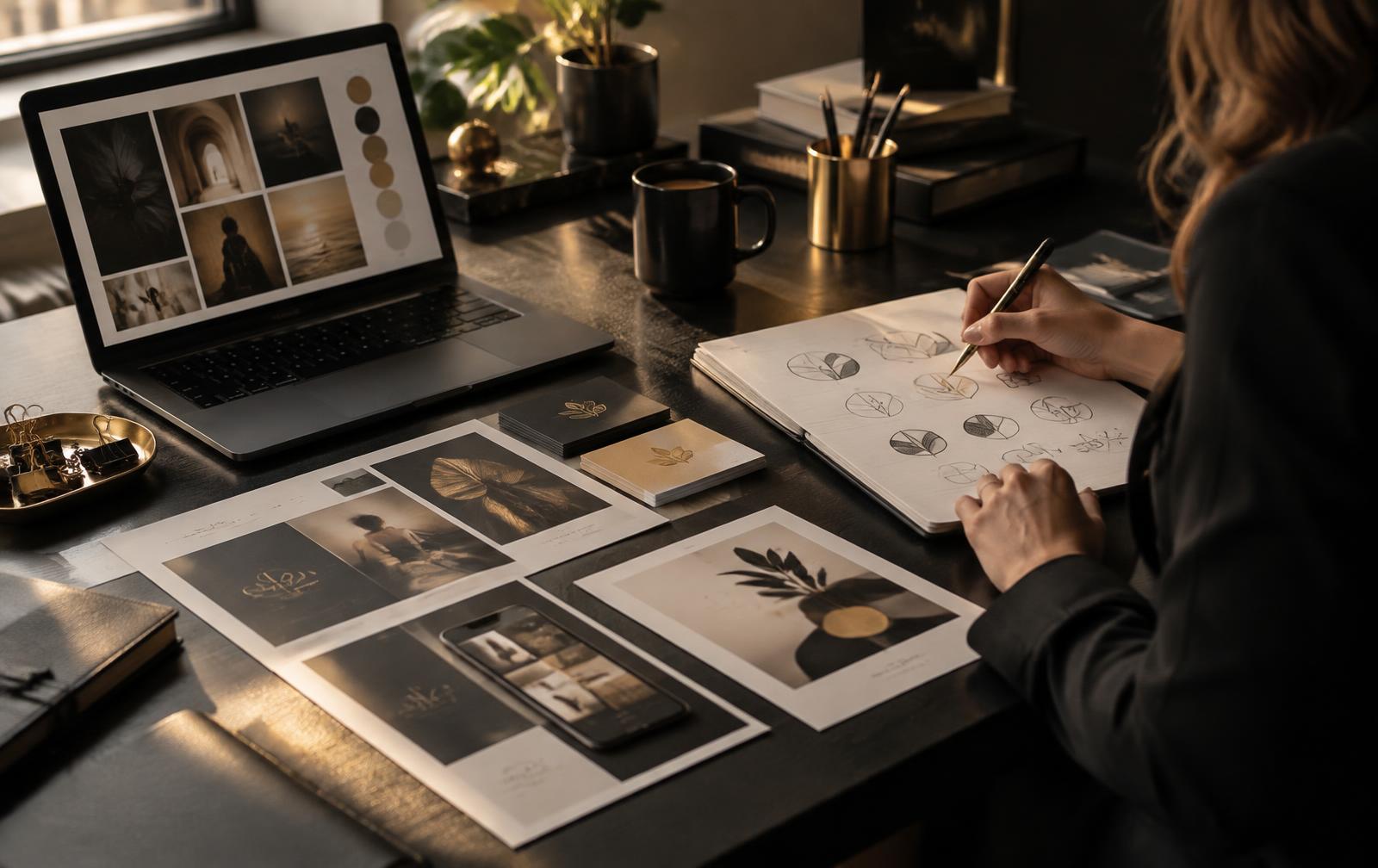 Designer developing a coordinated brand identity at a studio desk