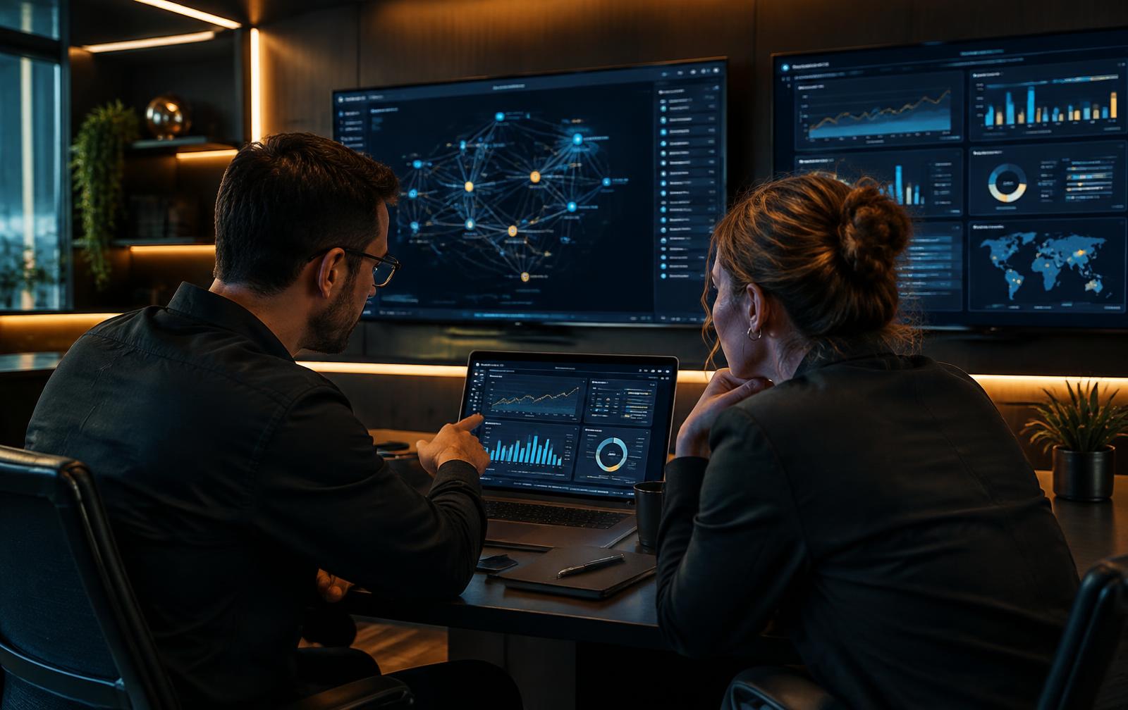 Technology consultants reviewing dashboards and network data in a modern office